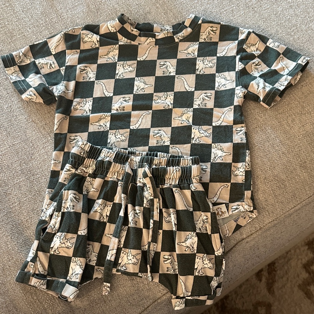 Monkeeroos Dinosaur Checkered Kids Tee and Shorts Set Bamboo